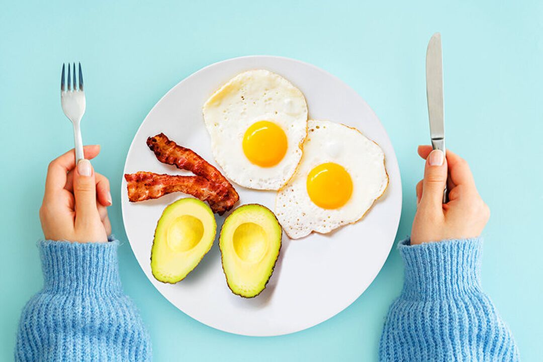 Das perfekte Frühstück auf dem Keto-Diät-Menü Eier mit Speck und Avocado